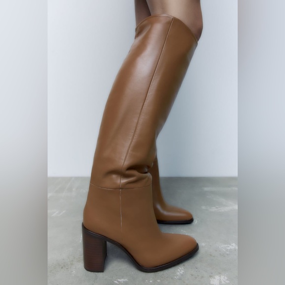 Zara Brown Heeled Knee High Leather Boots - Picture 17 of 17